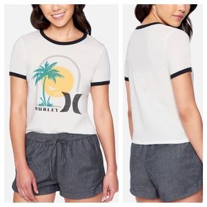 NWT Hurley White Retro Tropical Graphic Cropped Ringer Cotton Tee Size Various